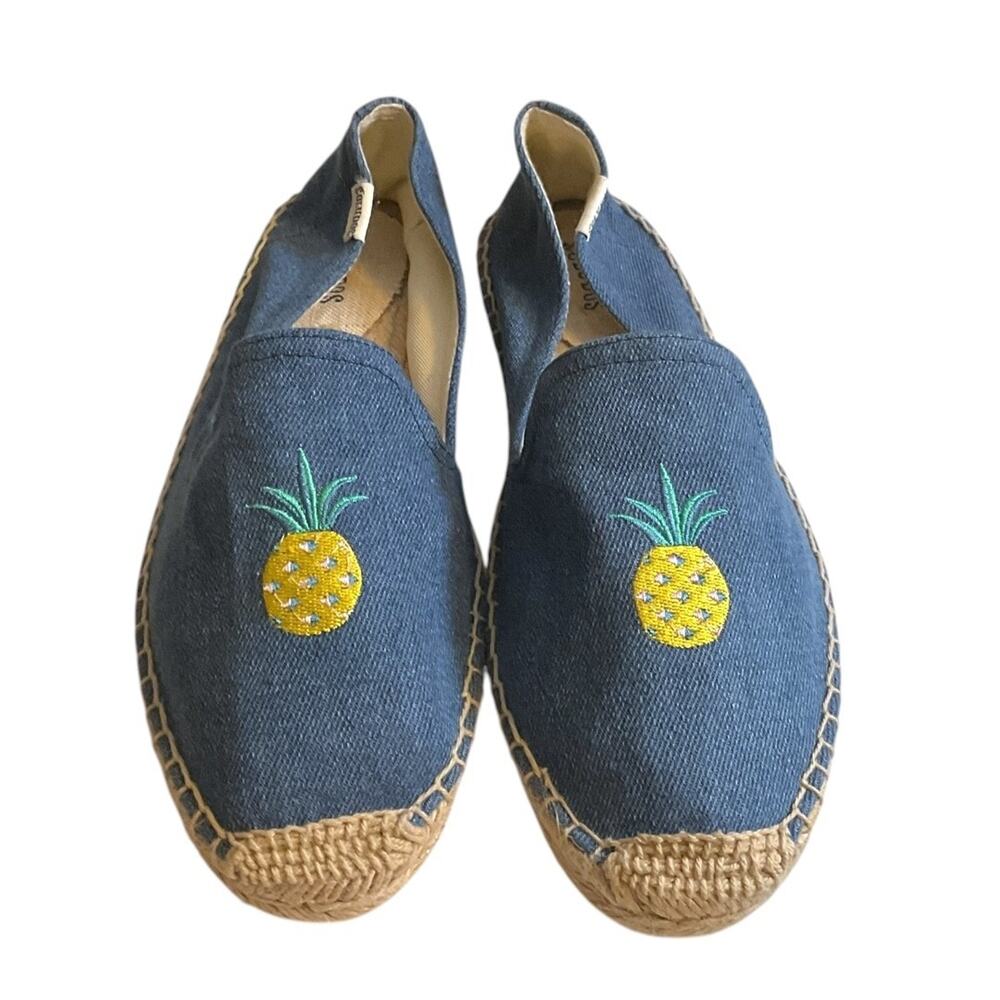 Anthropologie Soludos Chambray Blue Slip On Jute Espadrilles Women 10M Pineapple